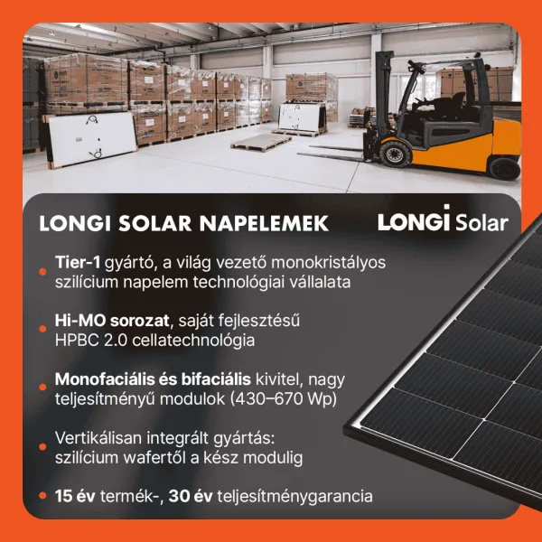 Longi 620Wp LR8-66HGD-620M N-type Bifacial ezüst keretes napelem